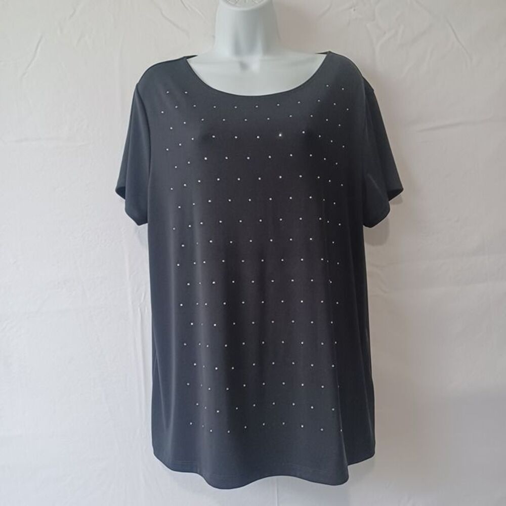 Chico's Easy Wear top black rhinestones short sleeve sz 3 (L)
